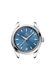 Profilo laterale della cassa in acciaio lucido e spazzolato da 34 mm con vetro zaffiro bombato antiriflesso e corona a vite Omega.